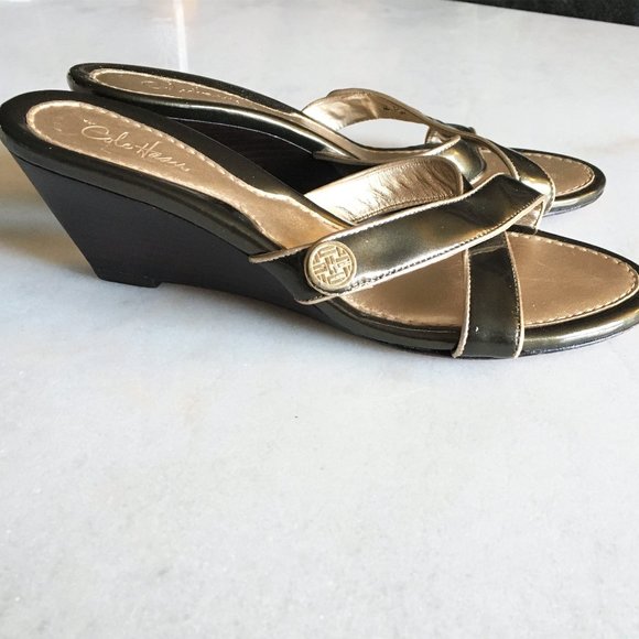 Cole Haan mule wedge sandals, olive green & gold, patent leather X cross - Picture 3 of 9